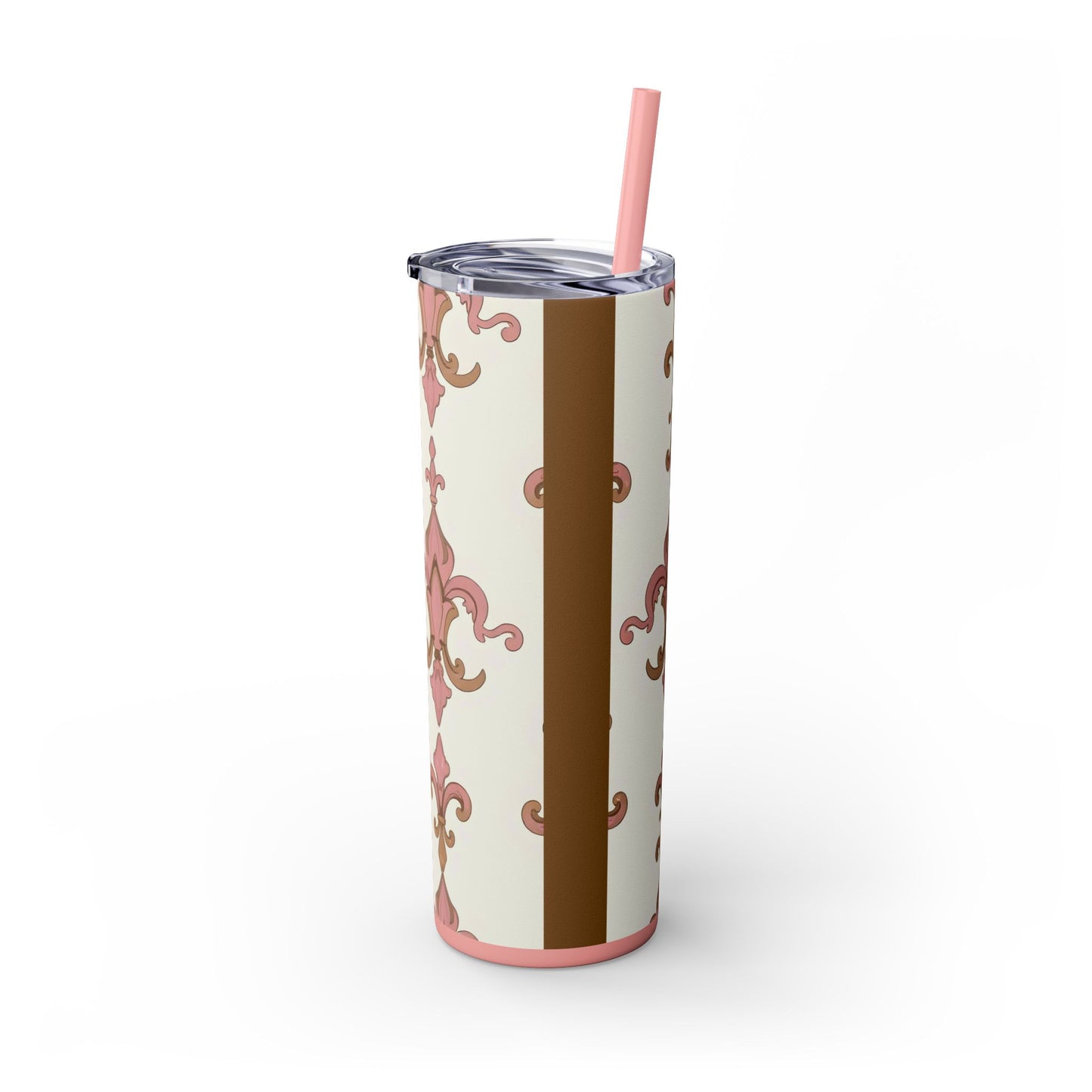 Elegant Floral Skinny Tumbler, 20oz Drinkware, Stylish Travel Mug, Wedding Gift, Personalized Gift, Eco-Friendly Cup - Brown Striped Pink Arabesque