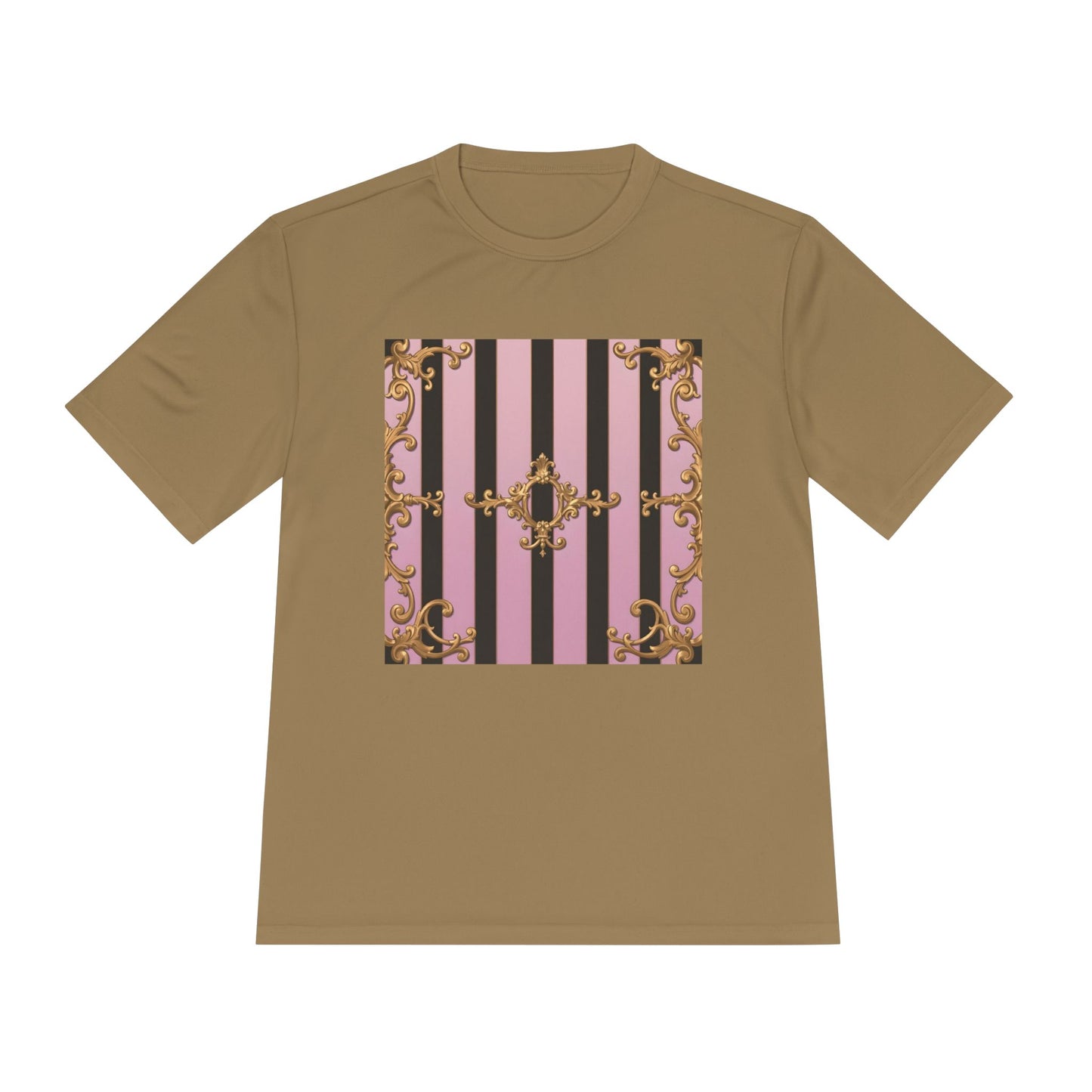 Elegant Striped Unisex Moisture Wicking Tee, Stylish Workout T-Shirt, Fashionable Athletic Top - Matte Lavender & Black Striped Gold Baroque