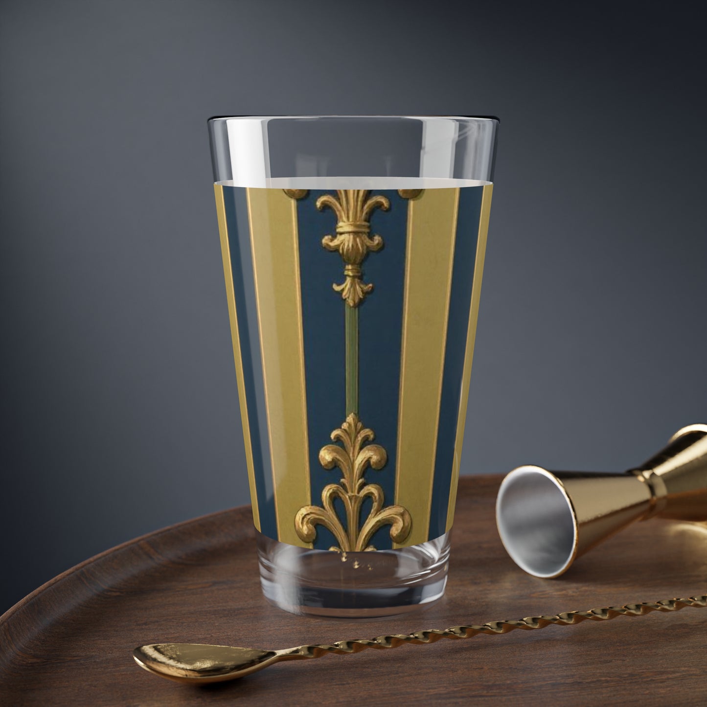 Elegant Midnight Blue & Olive Striped Gold Baroque Vintage Mixing Glass - 16oz Cocktail Cup, Perfect for Parties, Weddings, Home Bars