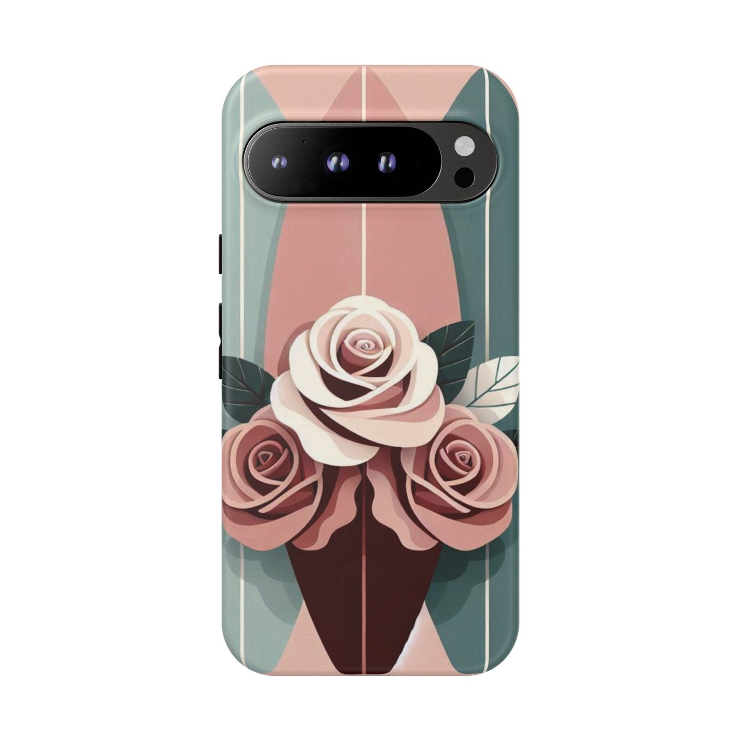 Phone Case - Burgundy, Matte Mauve & Teal Surfboard & Roses Design