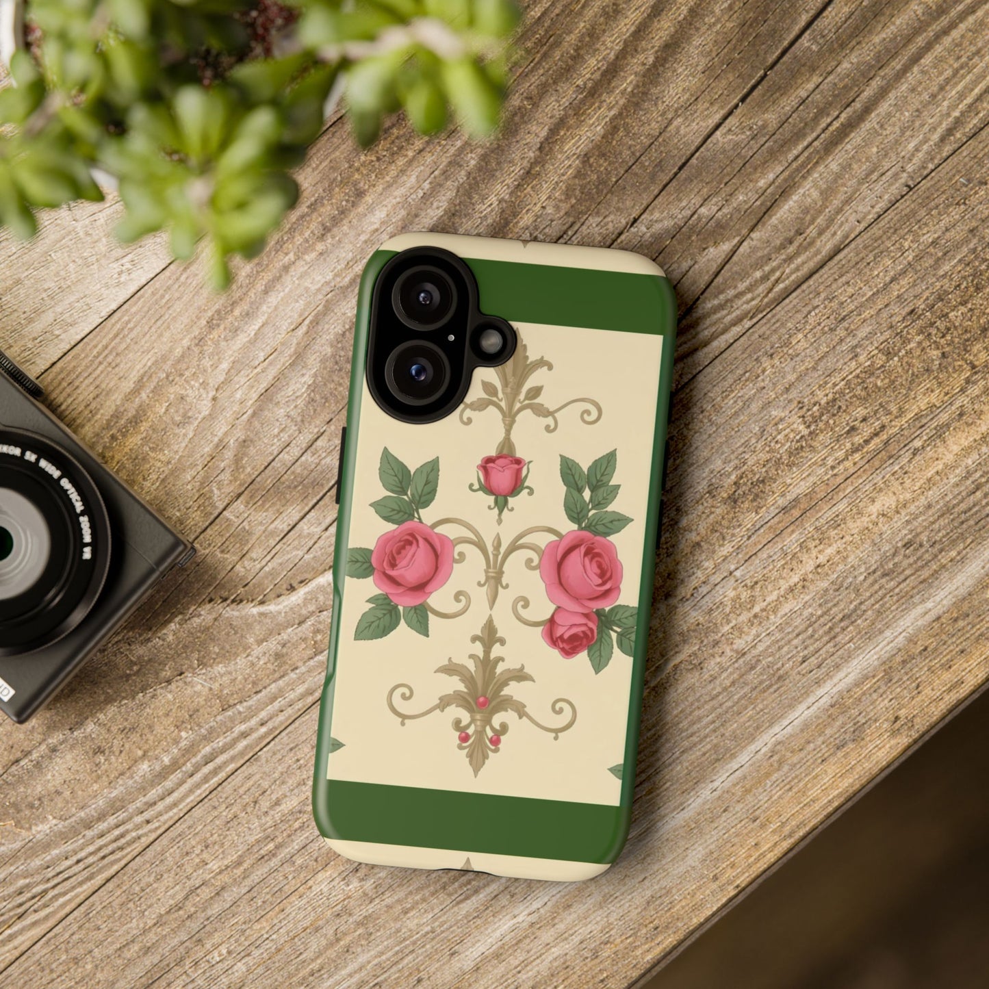 Elegant Floral Motif Phone Case - Tough Cases with Vintage Design - Green Border Roses & Damask