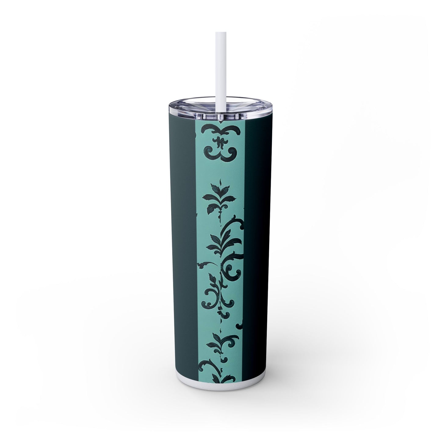 Elegant Floral Skinny Tumbler with Straw, 20oz, Personalized Drinkware, Stylish Travel Mug, Great Gift for Her - Teal Striped Rococo