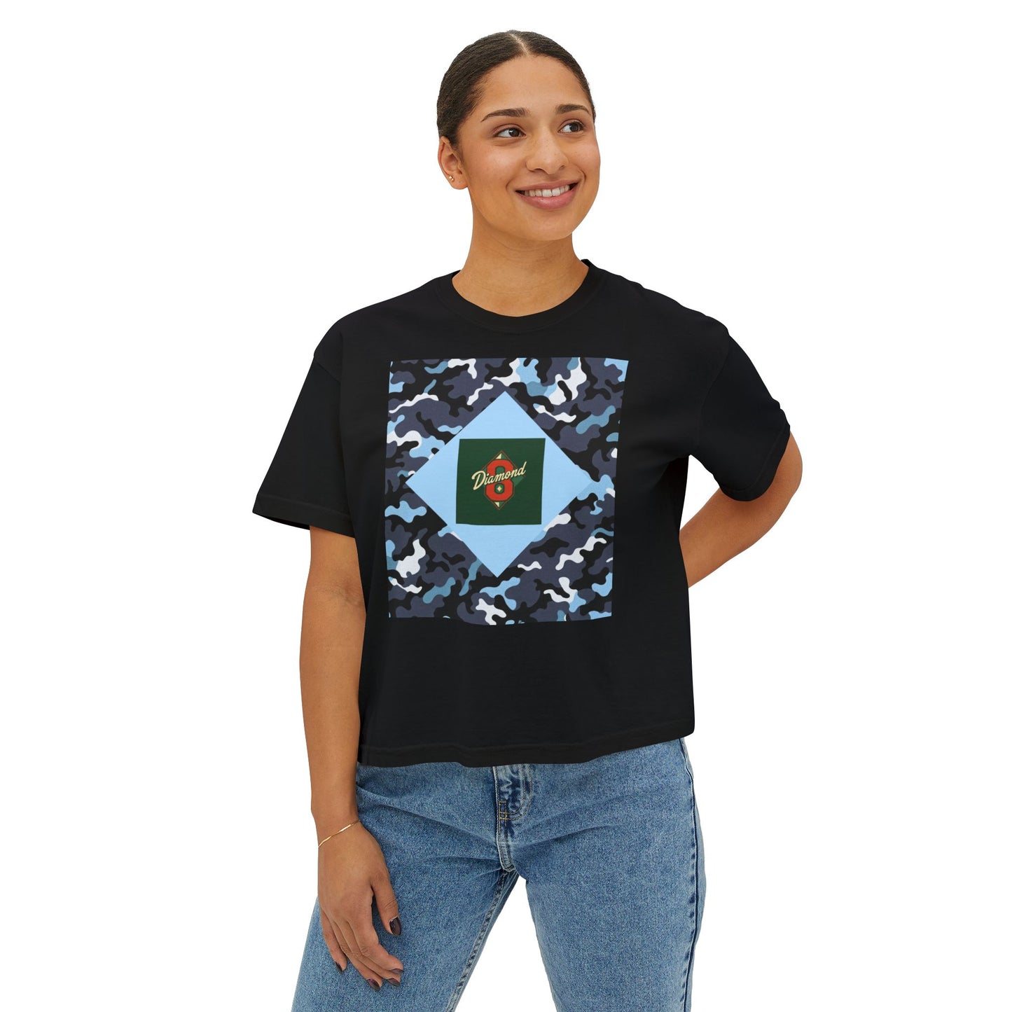 Camouflage Women's Boxy Tee, Casual Outfit, Relaxed Style Tee, Everyday Wear, Gift for Her, Comfortable Top - Blue Camo Diamond 8