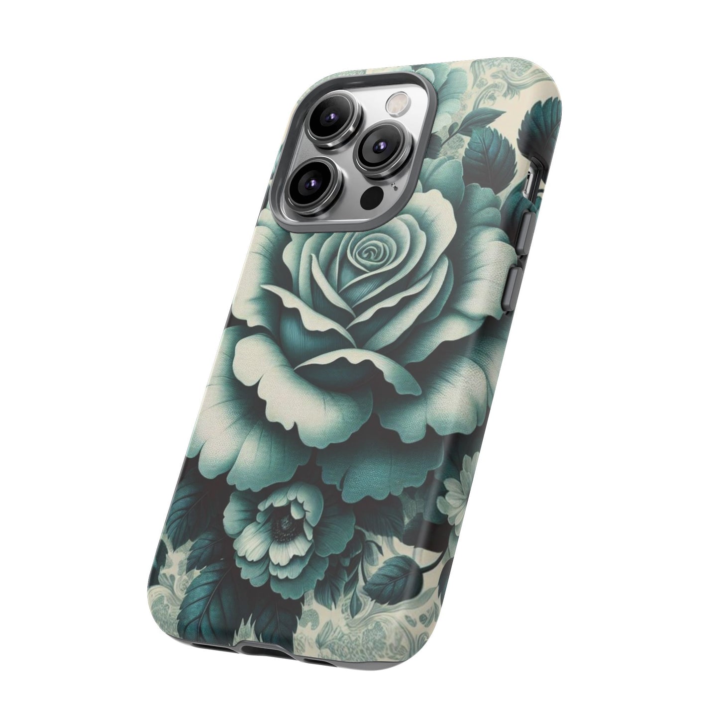 Elegant Floral Motif Phone Case - Tough Cases with Vintage Design - Teal Roses & Damask