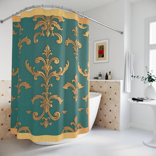Elegant Vintage Floral Shower Curtain - Luxurious Home Décor for Classy Bathrooms -  Aqua & Gold Damask
