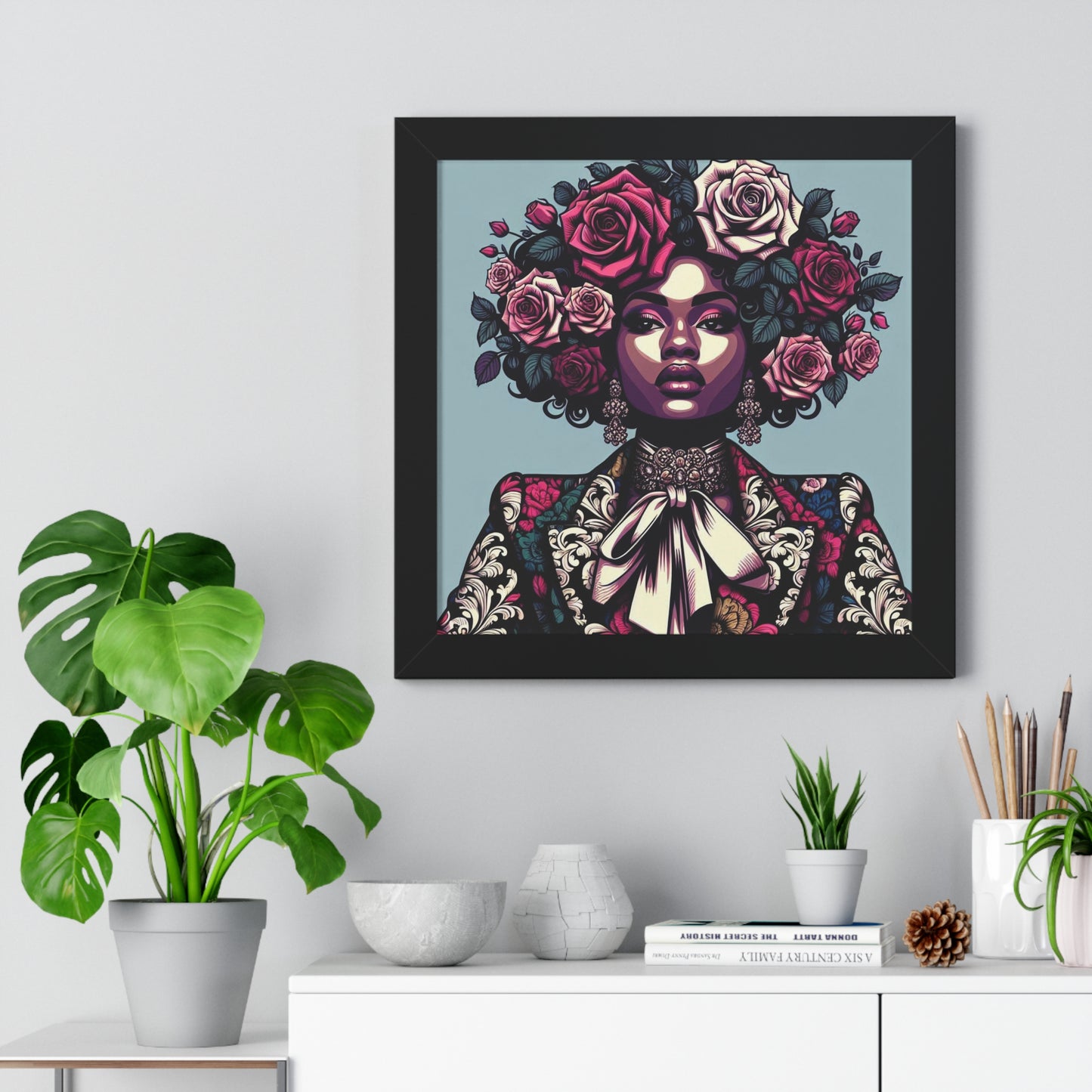 Vertical Poster -  Lady In Damask Suit & Roses Wall Art