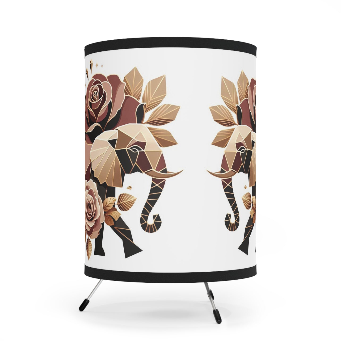 Boho Elephant Tripod Lamp with Floral Design - High-Res Printed Shade - Brown & Gold Elephant & Roses Design