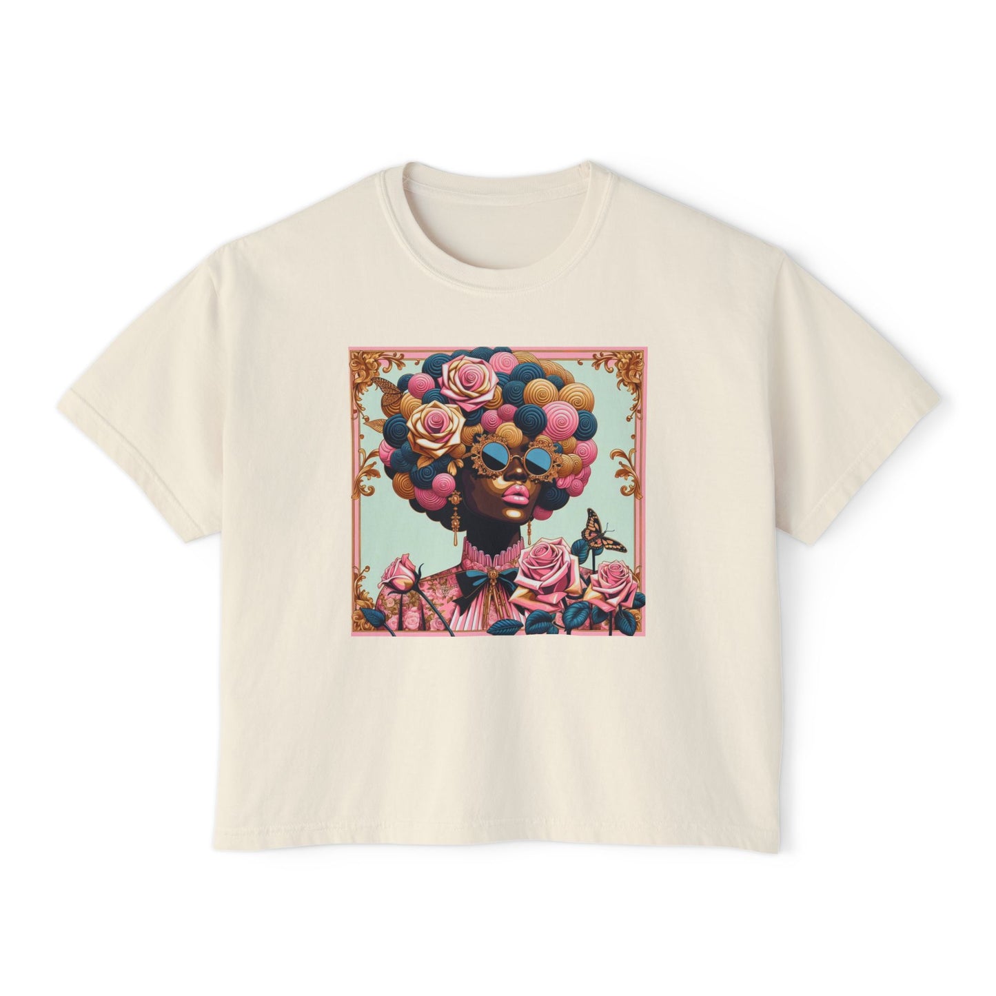 Colorful Afro Woman Boxy Tee, Feminine Graphic T-Shirt, Trendy Casual Wear, Gift for Her, Summer Outfit - Lady In Pink Baroque