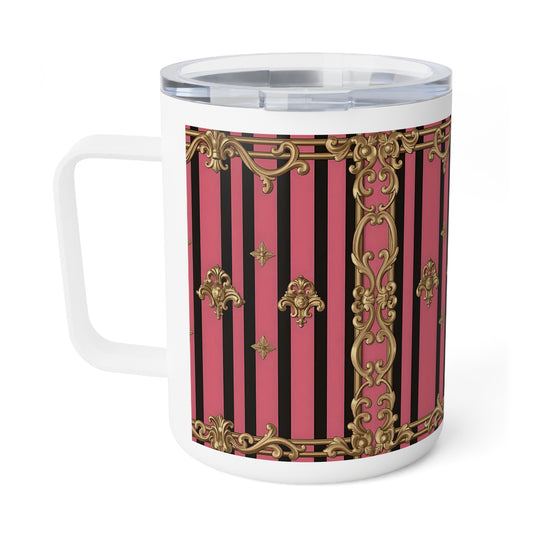 Elegantly Designed Insulated Coffee Mug, 10oz, Perfect Gift for Coffee Lovers, Unique Birthday Present - Pink Striped Gold Rococo