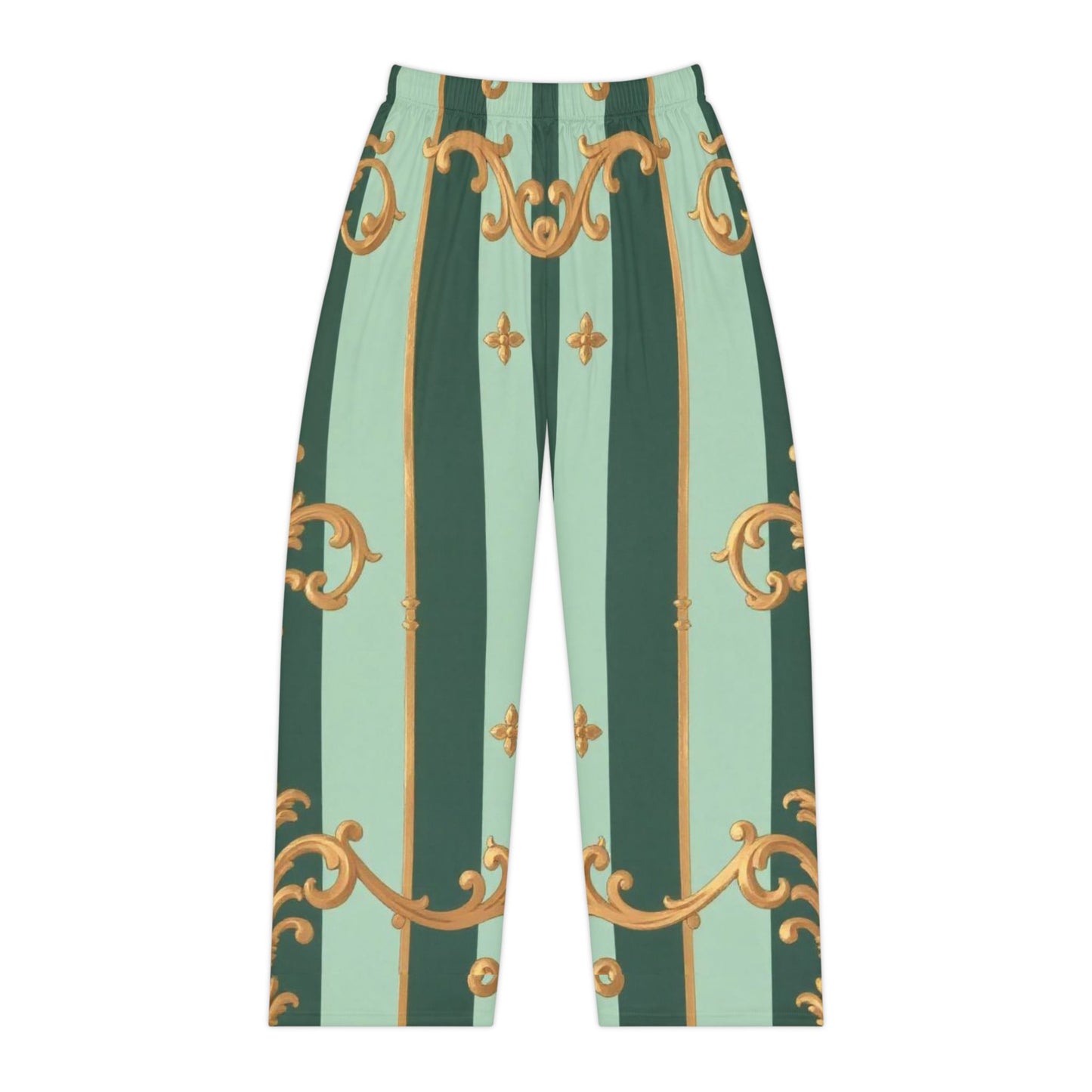 Elegant Women's Pajama Pants, Luxurious Sleepwear, Cozy Loungewear, Unique Gift for Her - Mint Green & Teal Striped Gold Baroque