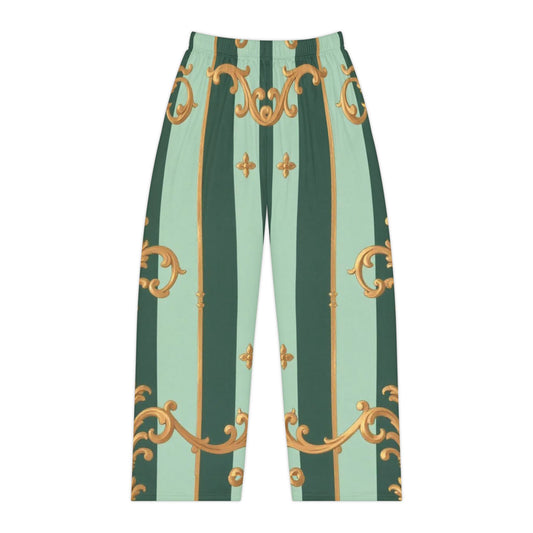 Elegant Women's Pajama Pants, Luxurious Sleepwear, Cozy Loungewear, Unique Gift for Her - Mint Green & Teal Striped Gold Baroque
