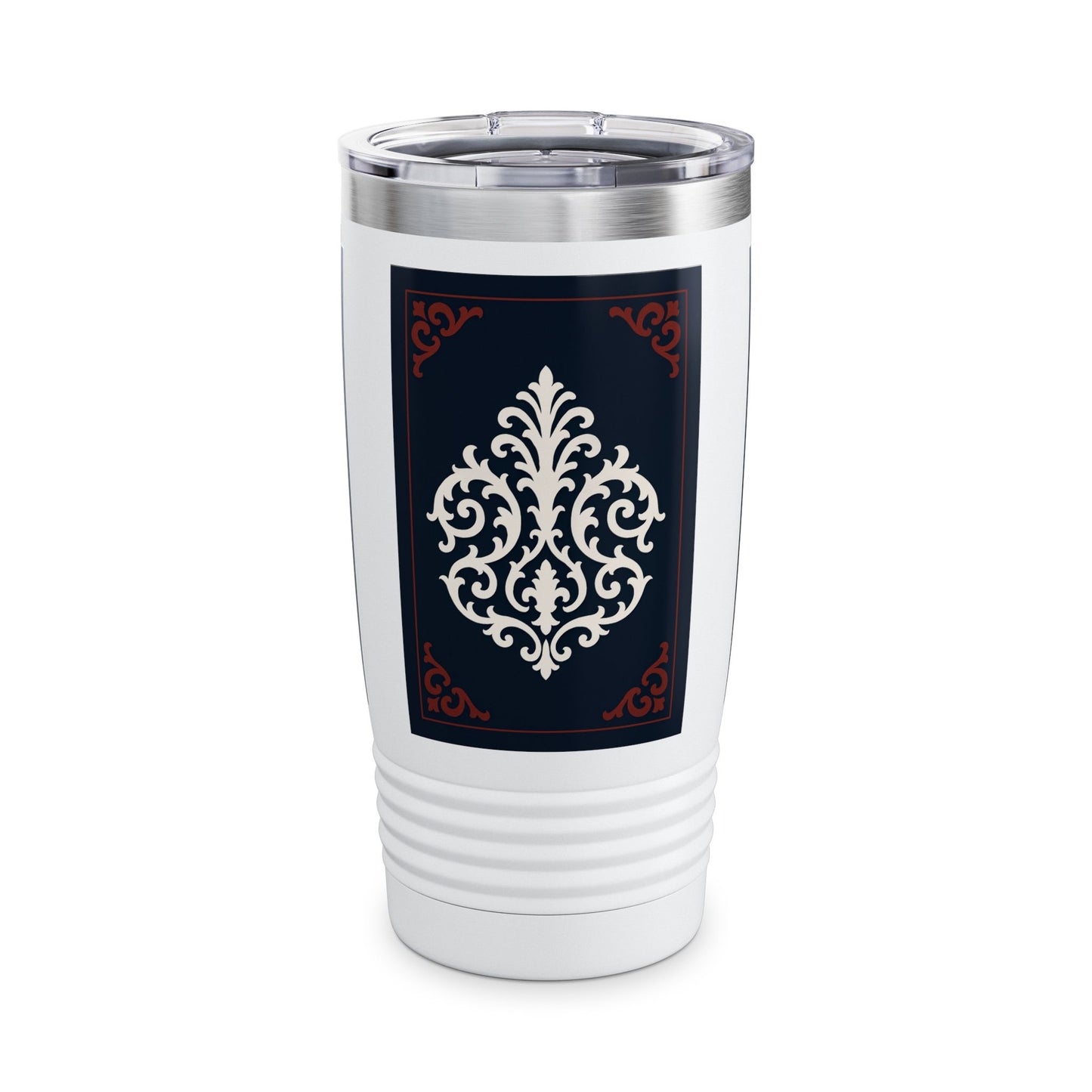Dusk Blue-Maroon & White Baroque 20oz Ringneck Tumbler with Classic Baroque Design — Elegant Travel Mug