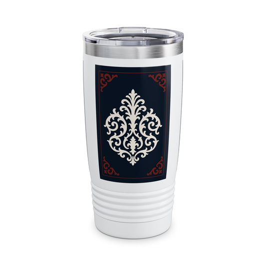 Dusk Blue-Maroon & White Baroque 20oz Ringneck Tumbler with Classic Baroque Design — Elegant Travel Mug