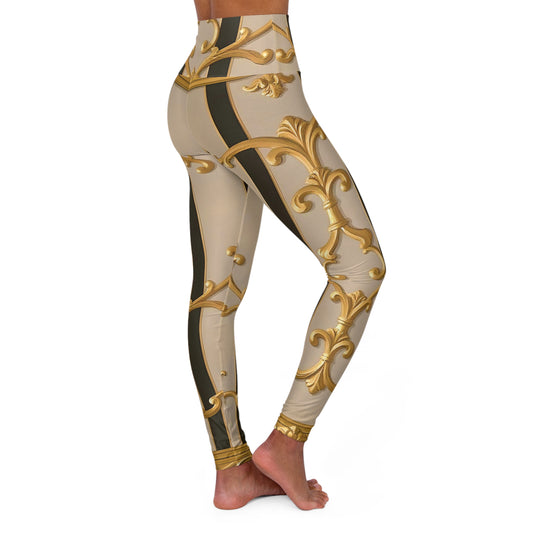 Elegant High Waisted Yoga Leggings, Fitness Leggings, Stylish Workout Pants, Activewear, Gift for Yogi - Beige Striped Gold Rococo