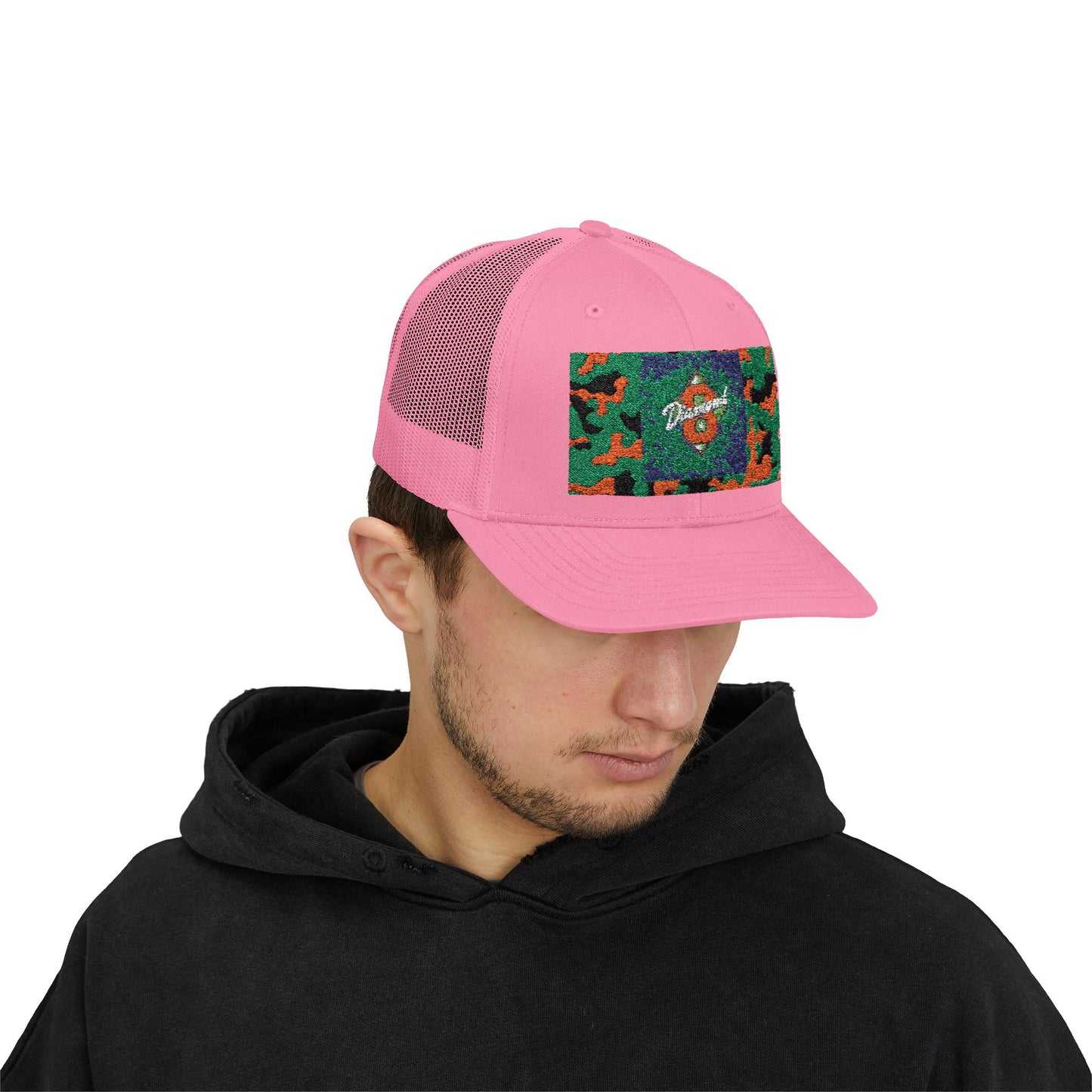Colorful Camouflage Snapback Trucker Cap, Casual Hat, Outdoor Gear, Unisex Headwear, Gift for Him/Her - Green & Orange Camo Diamond 8