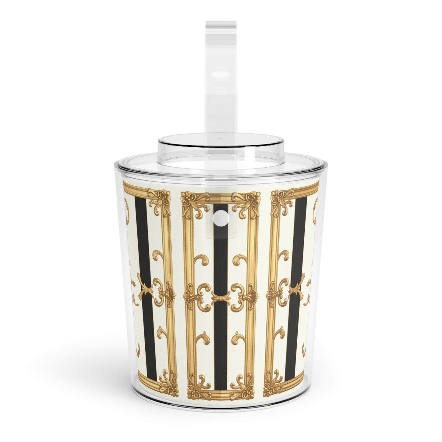 Elegant Ice Bucket for Parties, Stylish Beverage Cooler, Luxury Barware, Chic Chiller, Decorative Tongs Included - Black & White Striped Gold Baroque