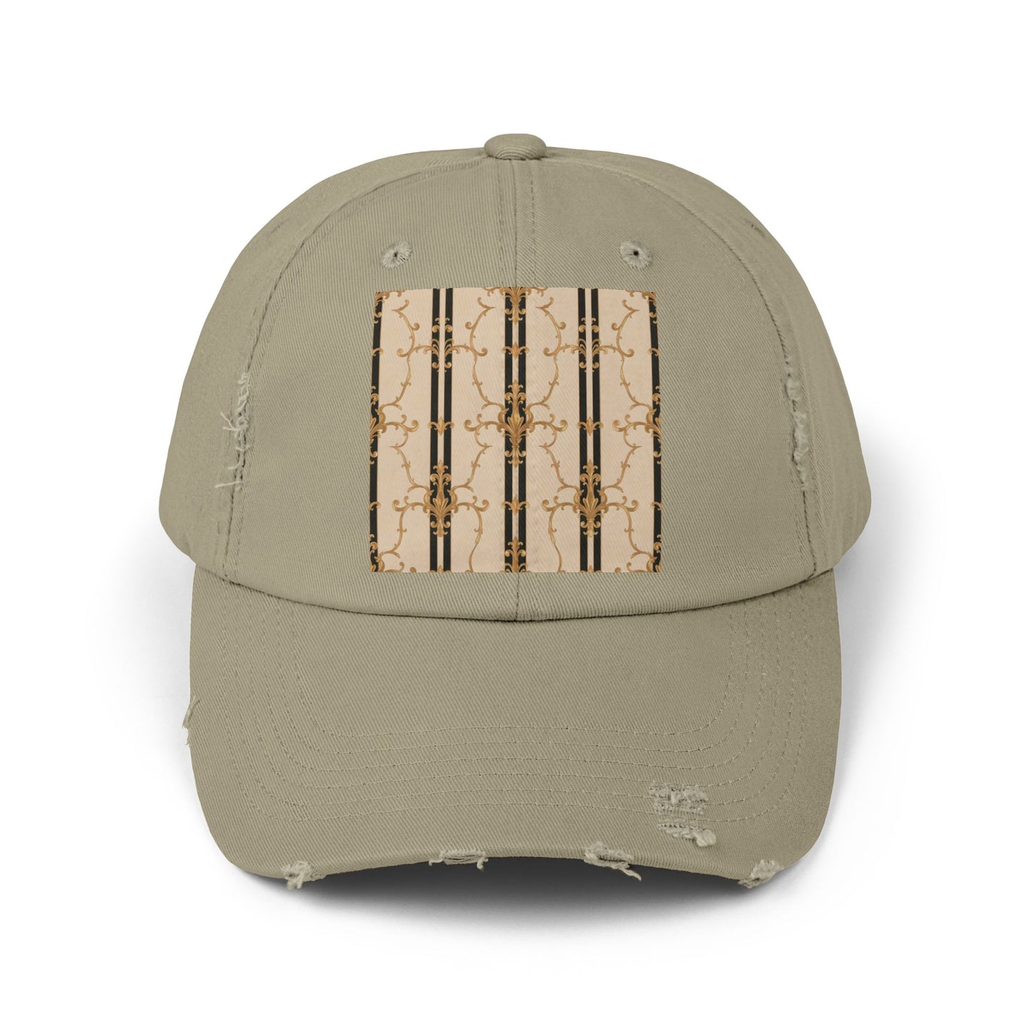 Chic Distressed Cap, Trendy Unisex Hat, Casual Summer Accessory, Perfect Gift for Fashion Lovers - Black & Beige Striped Damask