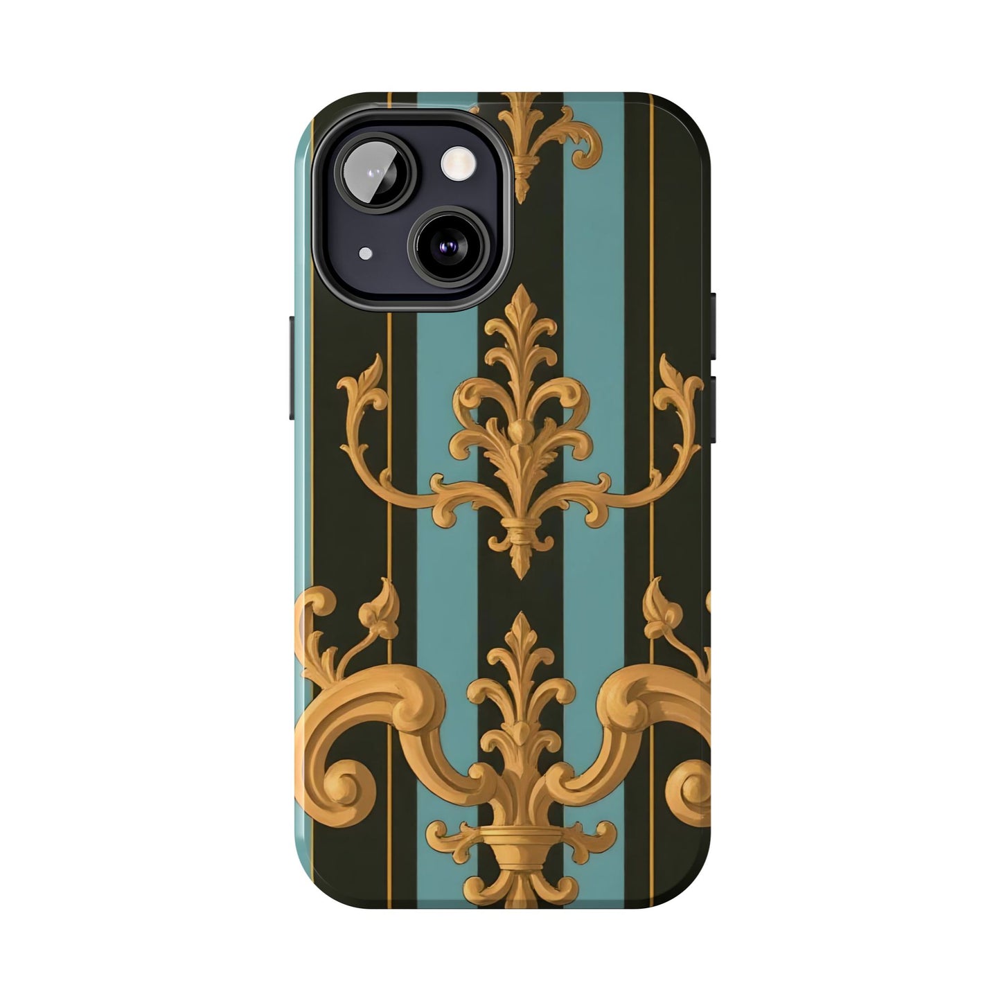 Elegant Baroque Tough Phone Case, Stylish Phone Cover, Durable iPhone Case, Unique Gift - Black & Turquoise Striped Baroque