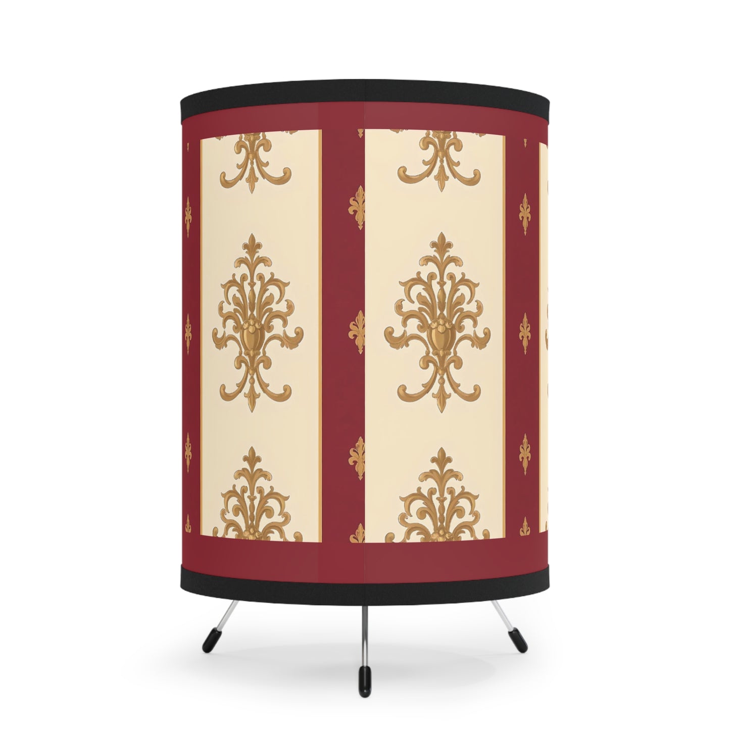 Elegant Tripod Lamp with Vintage Floral Print Shade - High-Res Home Accent - Dusk Red Striped Gold Damask