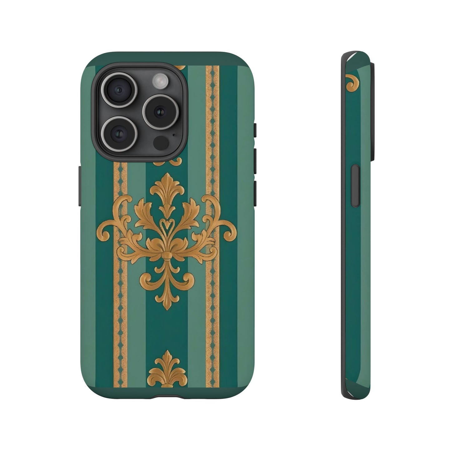 Elegant Floral Motif Phone Case - Tough Cases with Vintage Design - Teal Striped Gold Damask