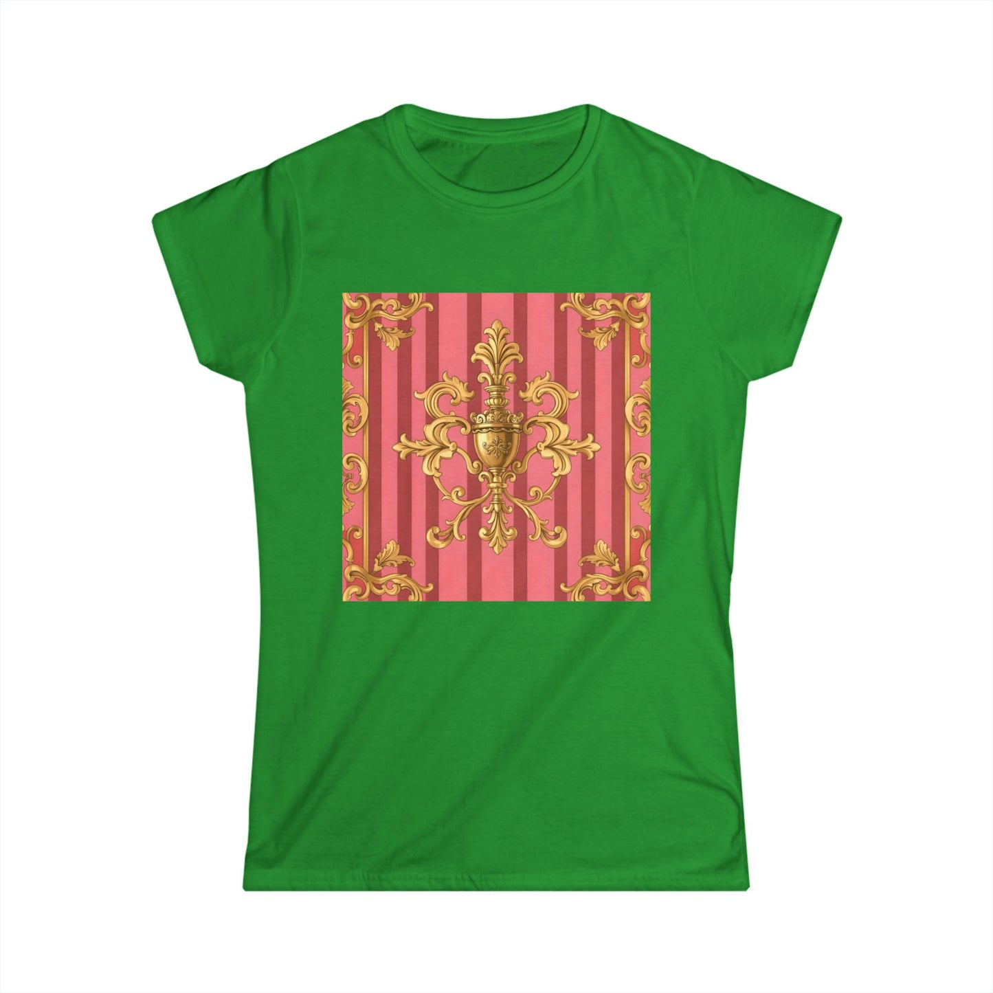 Chic Baroque Pattern Women's Softstyle Tee, Casual Summer Fashion, Gift for Her, Elegant Everyday Wear - Pink Striped Gold Baroque