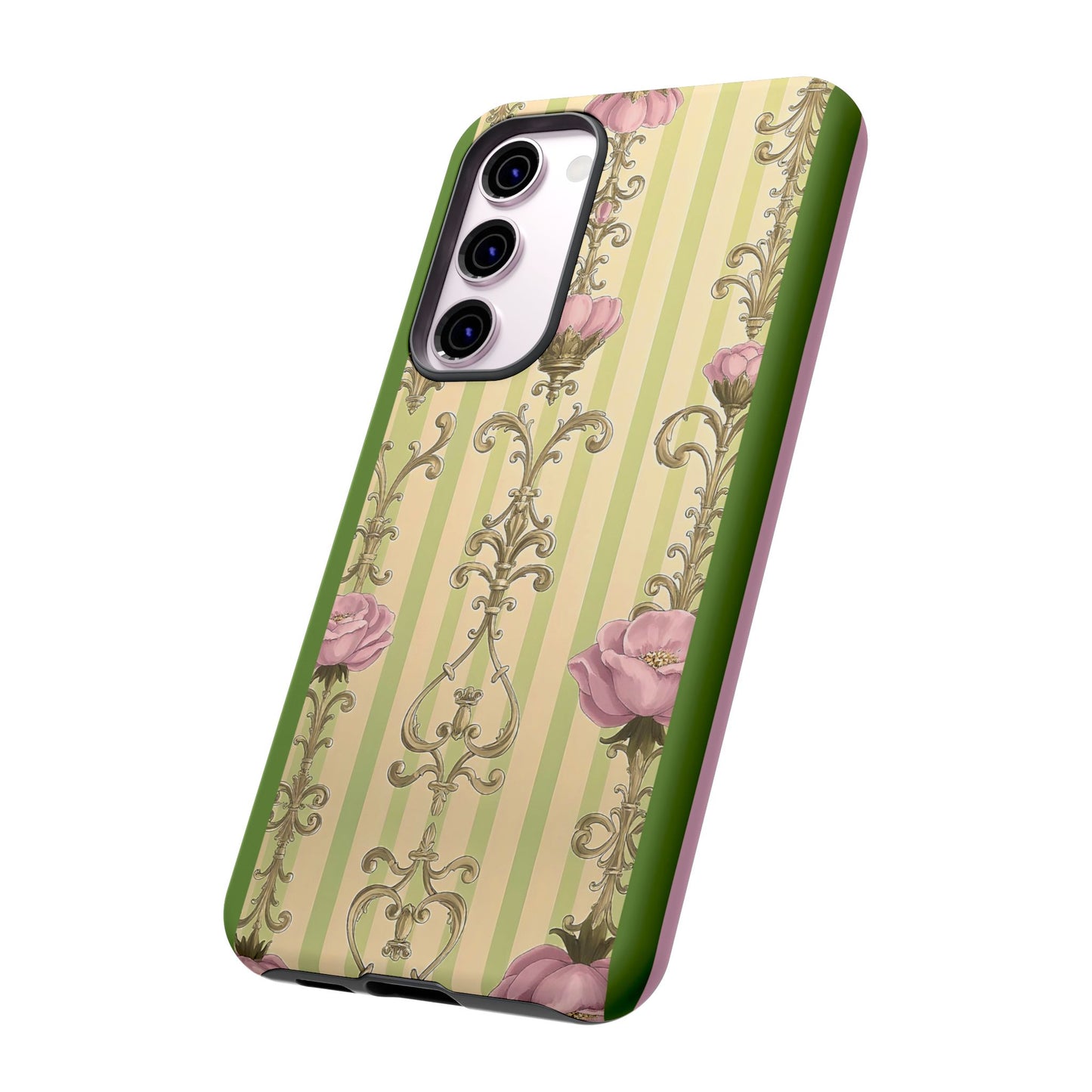 Elegant Floral Motif Phone Case - Tough Cases with Vintage Design - Lime Green & Pink Striped Damask