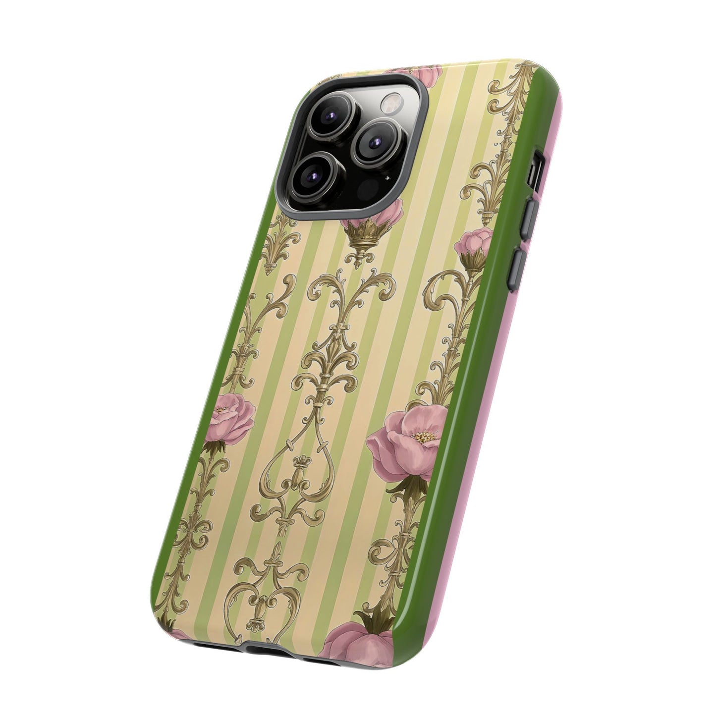 Elegant Floral Motif Phone Case - Tough Cases with Vintage Design - Lime Green & Pink Striped Damask