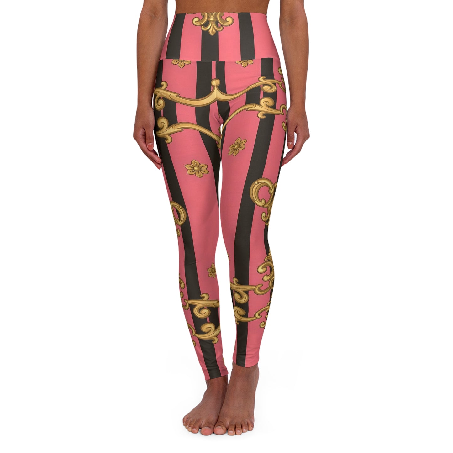 Chic High Waisted Yoga Leggings, Fitness Apparel, Activewear, Workout Leggings, Stylish Sports Leggings - Pink & Black Striped Gold Baroque