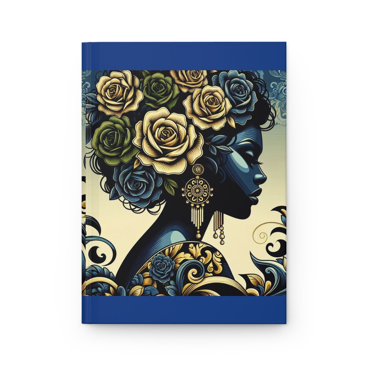Elegant Floral Hardcover Journal - Stylish Writing Notebook - Midnight Blue Lady With Roses & Damask Design