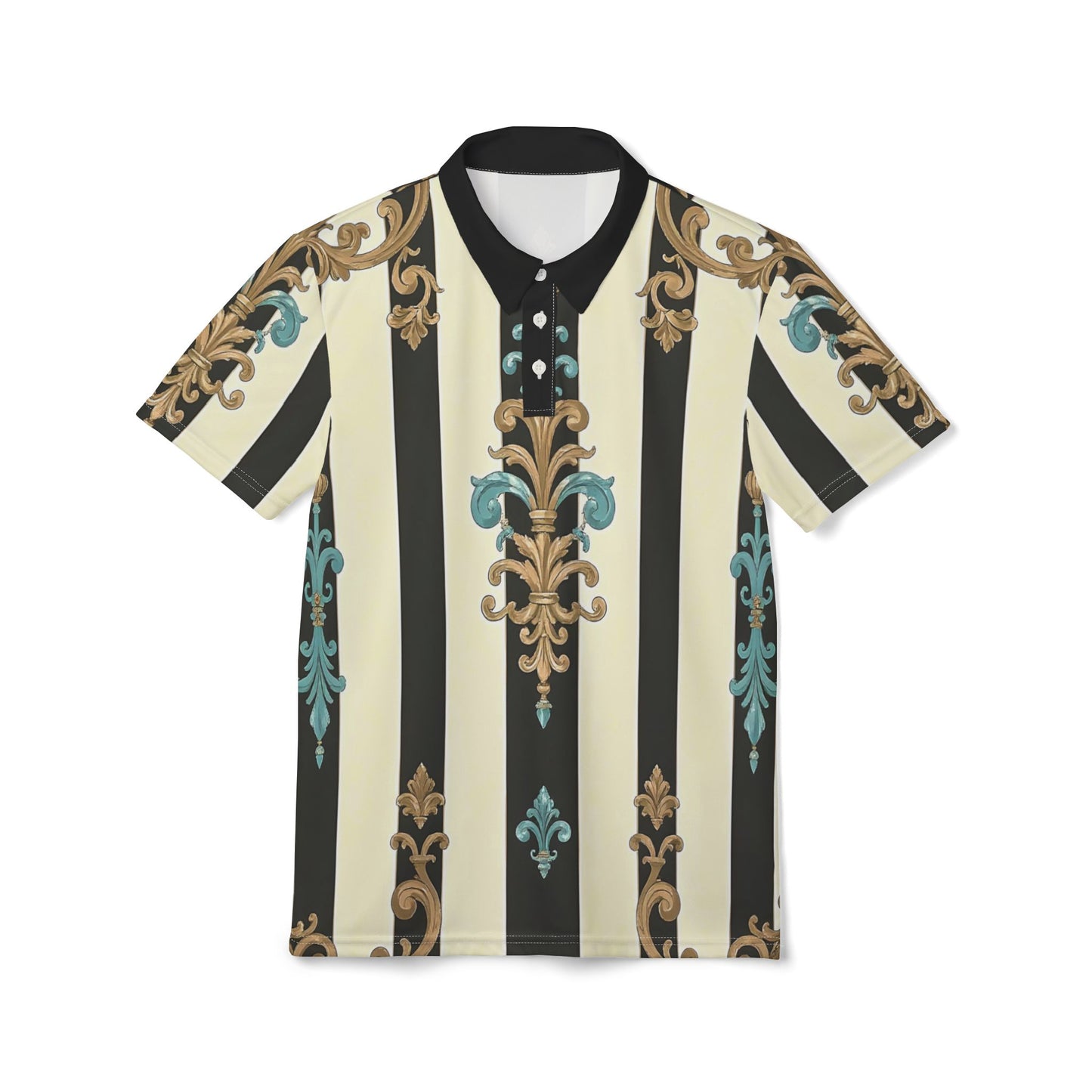 Chic Unisex Polo Shirt - Black Striped Turquoise & Black Rococo