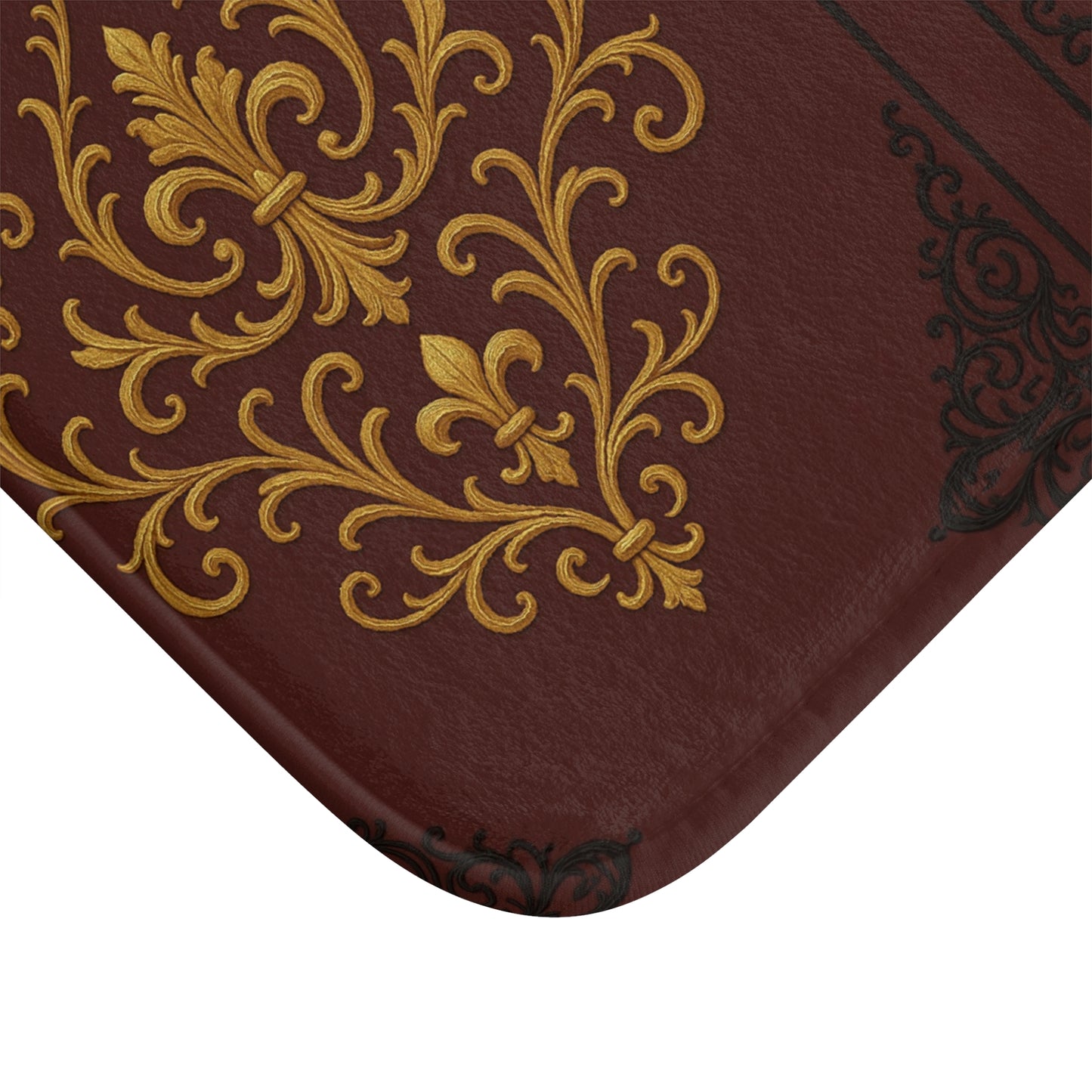 Dusk Burgundy-Black & Gold Baroque Bath Mat — Elegant Burgundy Bathroom Rug