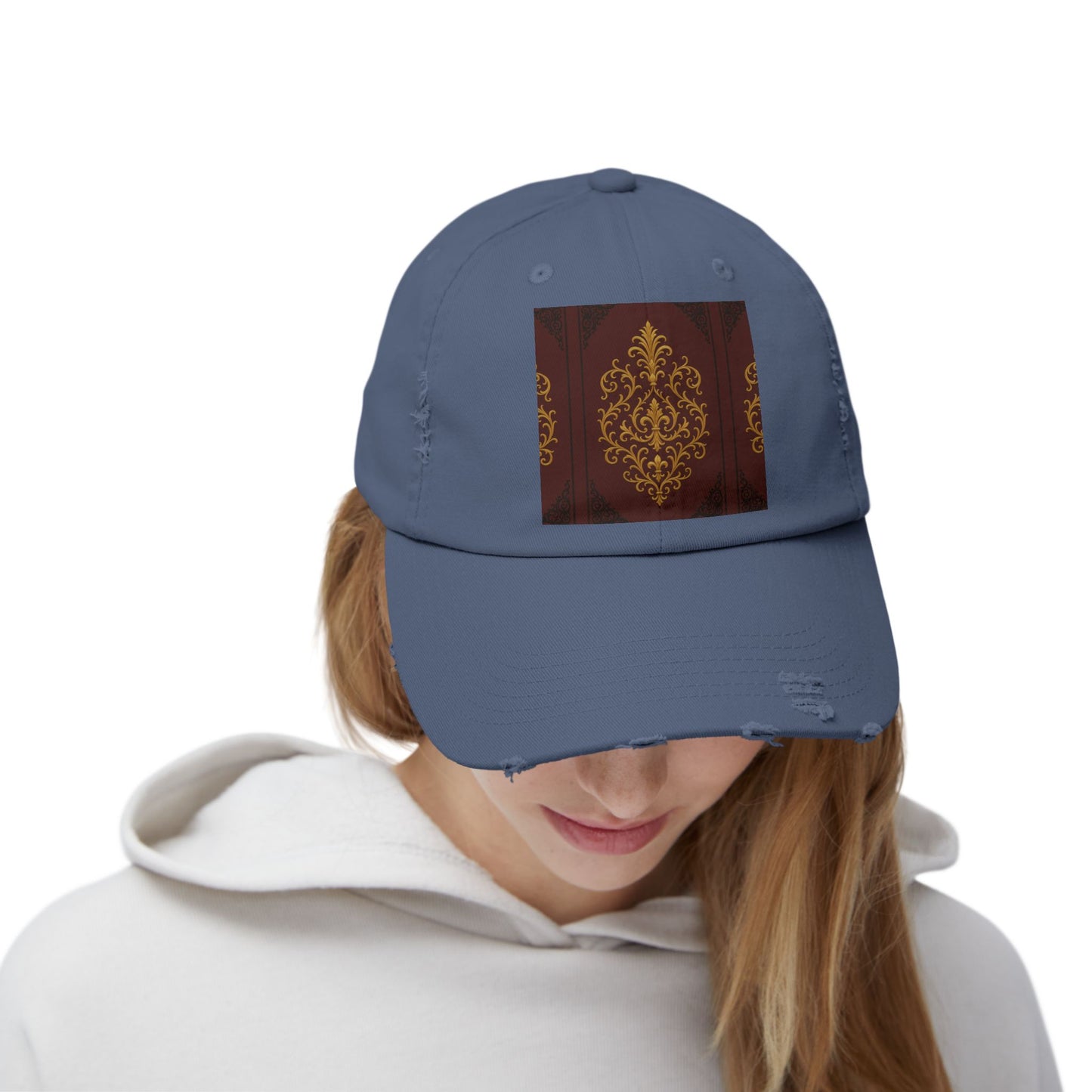 Dusk Burgundy-Black & Gold Baroque Distressed Black Cap with Vintage Gold Baroque Panel – Elegant Retro Baseball Hat