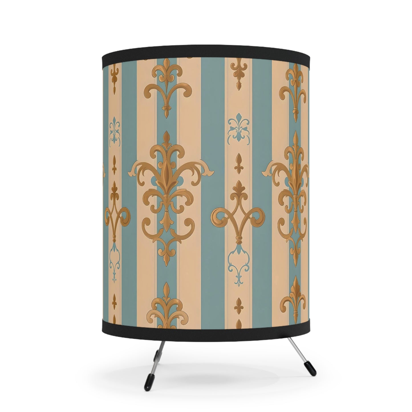 Elegant Tripod Lamp with Vintage Floral Print Shade - High-Res Home Accent - Beige & Sky Blue Striped Gold Damask