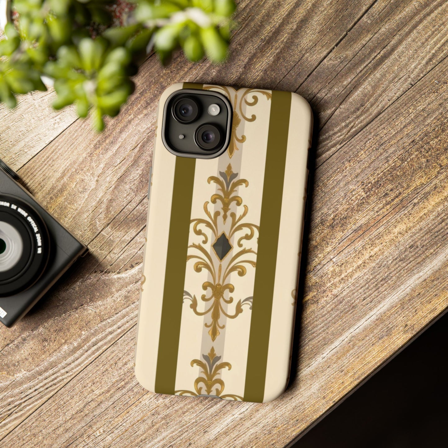 Elegant Floral Motif Phone Case - Tough Cases with Vintage Design - Olive Striped Gold Damask
