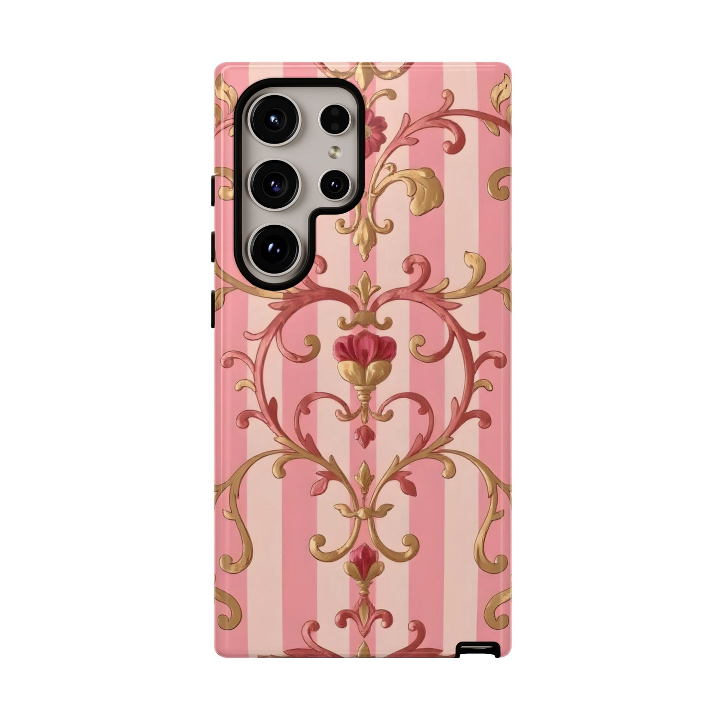 Elegant Floral Motif Phone Case - Tough Cases with Vintage Design - Pink Striped Rose Gold Damask