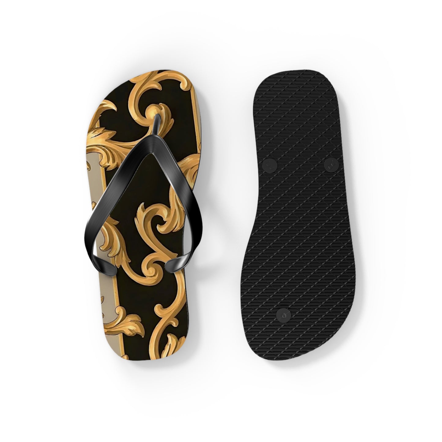 Stylish Flip Flops with Elegant Gold Design, Beachwear, Summer Sandals, Vacation Footwear, Poolside Essentials - Blue & Black Striped Rococo