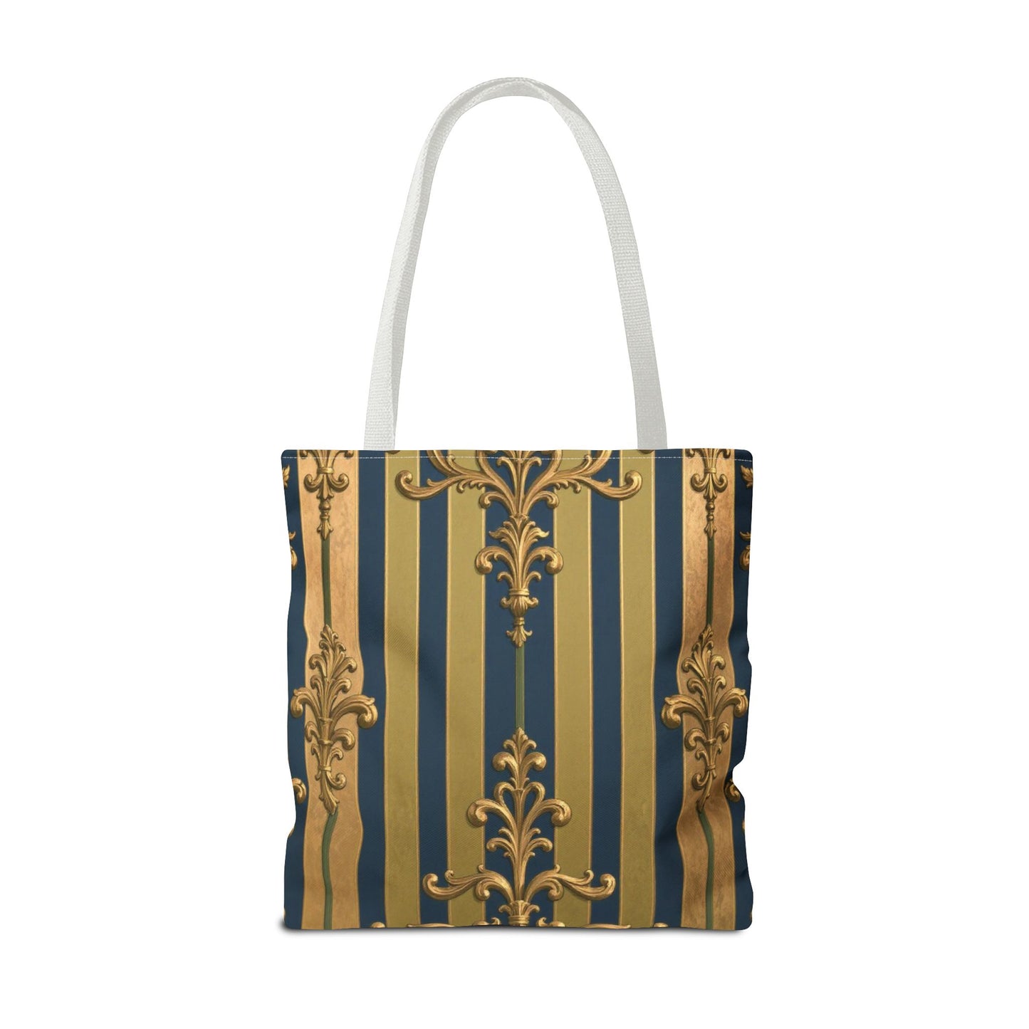 Elegant Midnight Blue & Olive Striped Gold Baroque Golden Striped Tote Bag, Stylish Shopping Bag, Trendy Handbag, Chic Gift for Her