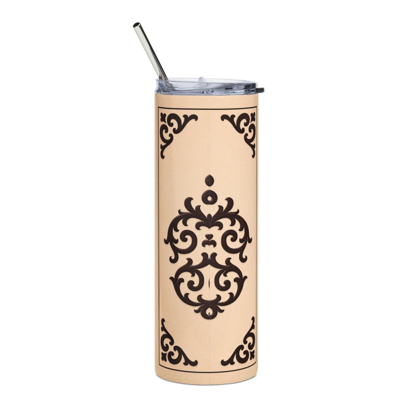 Almond-Beige & Brown Baroque 20oz Stainless Tumbler — Elegant Brown Baroque on Beige