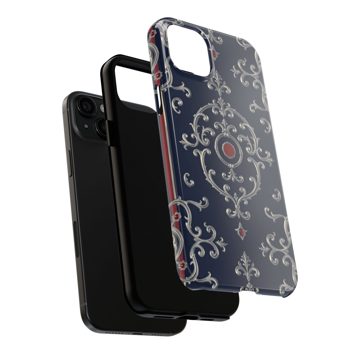 Elegant Patterned Tough Phone Cases for Stylish Protection, Gift for Her, Unique Accessories - Blue & Red Striped Silver Baroque