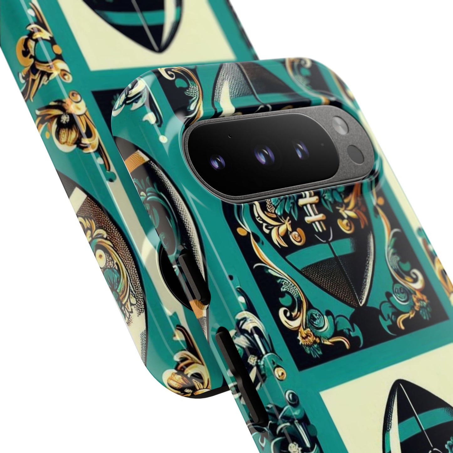 Elegant Floral Motif Phone Case - Tough Cases with Vintage Design -  Damask Teal, Gold & Black Footballs