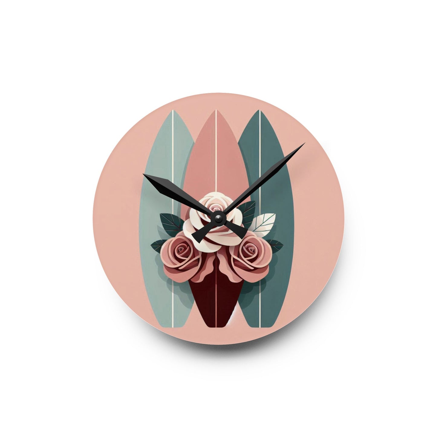 Bohemian Surf-Inspired Acrylic Wall Clock with Floral Design - Burgundy, Matte Mauve & Teal Surfboard & Roses Design