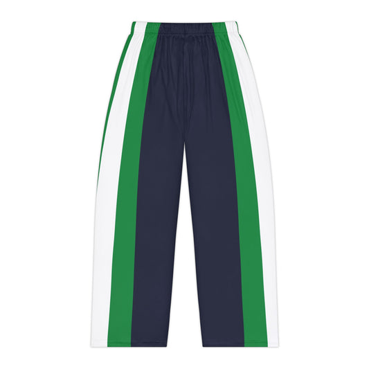 Lunar Midnight & Green-White Striped Chic Women's Pajama Pants, Comfortable Sleepwear, Loungewear, Cozy Nights, Stylish Bedtime Fashion