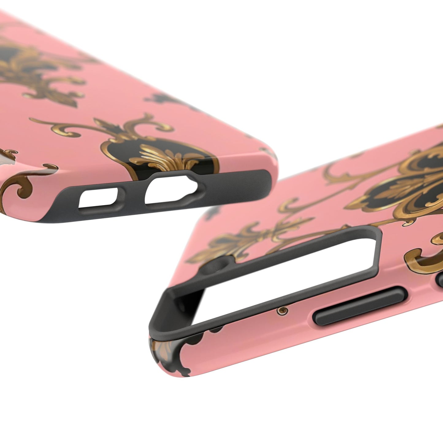 Chic Tough Phone Cases with Floral Design, Elegant Phone Cover, Durable Smartphone Case, Stylish Tech Accessory - Pink, Black & Gold Rococo