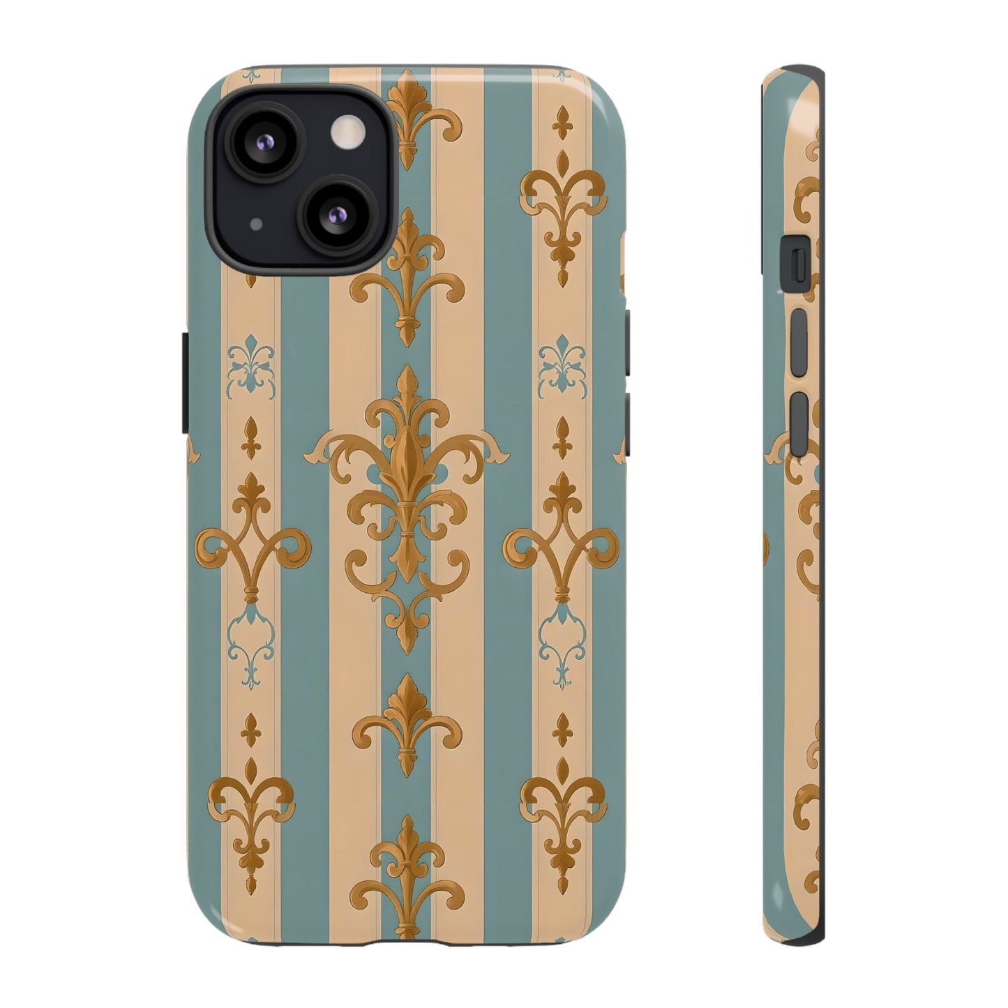 Elegant Floral Motif Phone Case - Tough Cases with Vintage Design -  Beige & Sky Blue Striped Gold Damask