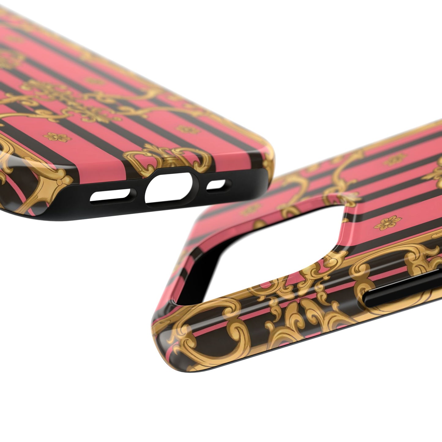 Elegant Baroque Tough Phone Cases, Stylish Protection, Gift for Her, Trendy Accessory - Pink & Black Striped Gold Baroque