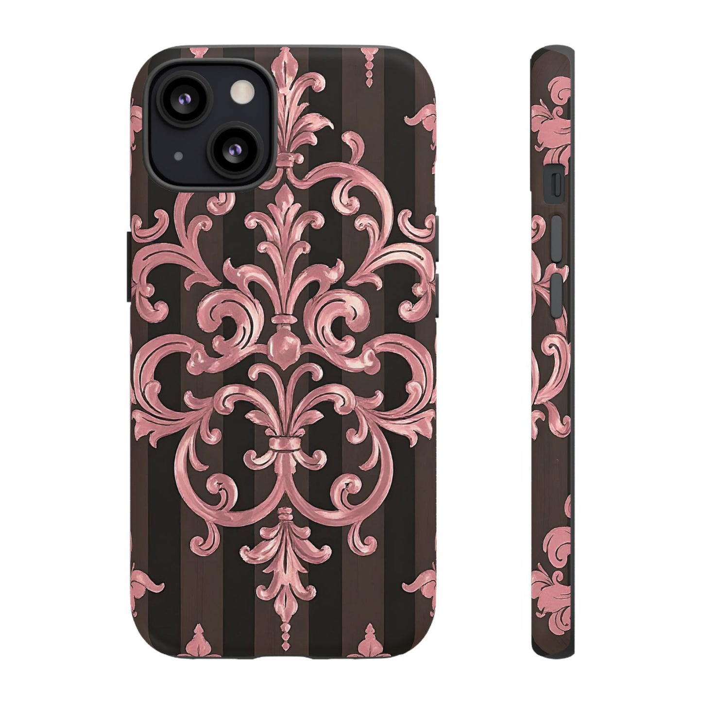 Elegant Floral Motif Phone Case - Tough Cases with Vintage Design - Brown Striped Mauve Damask