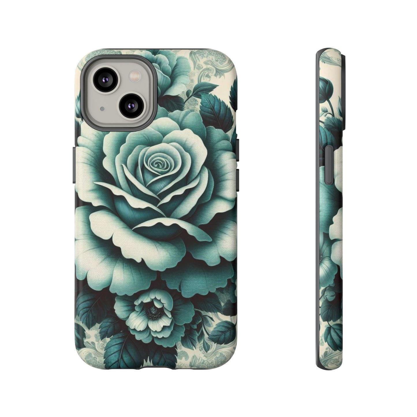 Elegant Floral Motif Phone Case - Tough Cases with Vintage Design - Teal Roses & Damask