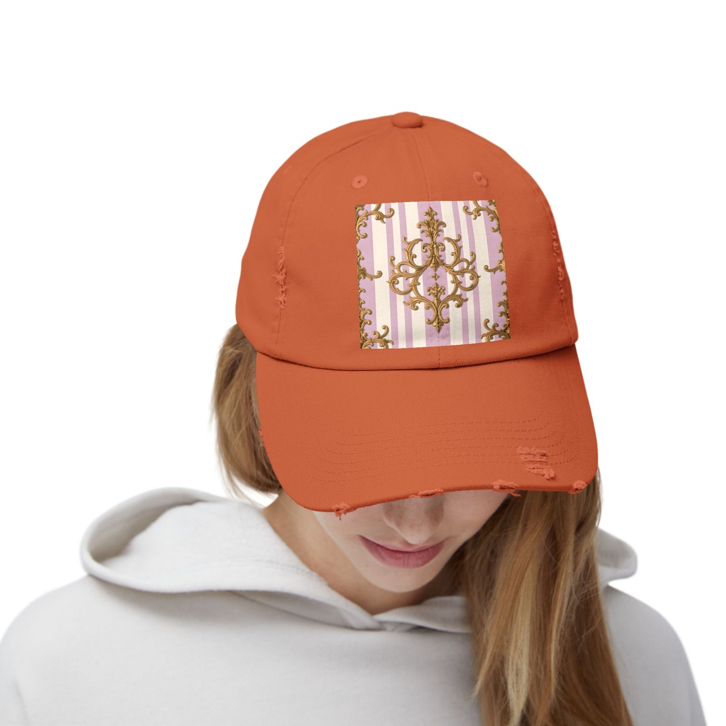 Chic Distressed Cap with Elegant Design | Trendy Accessory, Gift for Fashion Lovers, Perfect for Casual Outings - Lilac & Alabaster Striped Gold Baroque