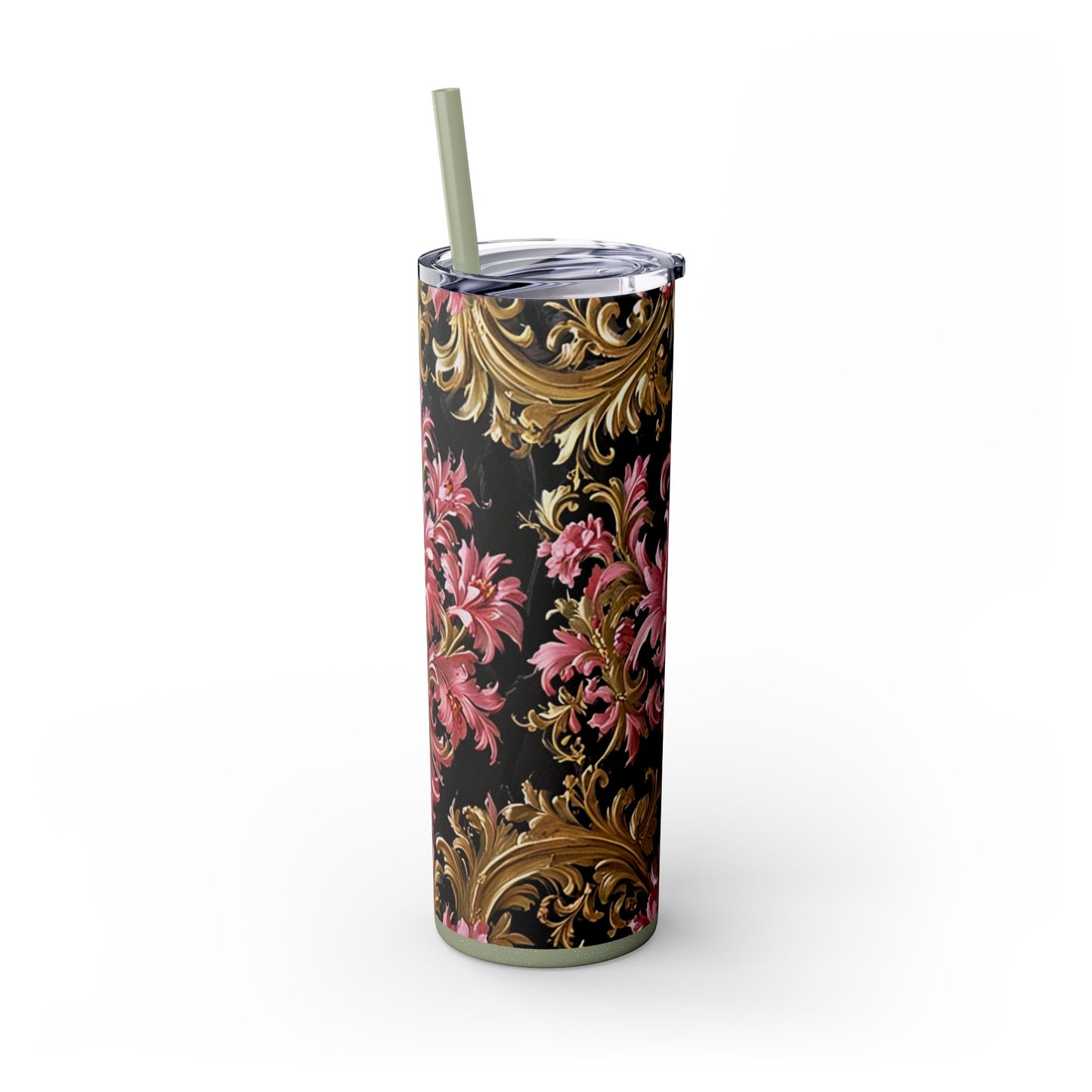 Chic Floral Skinny Tumbler with Straw, 20oz - Elegant Drinkware for Tea Lovers, Travel Mugs, Gifts for Her - Black & Pink Oil Painting Style Rococo