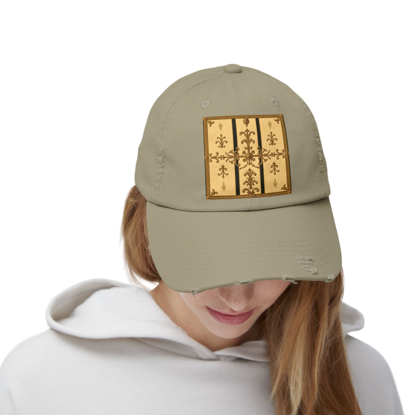 Vintage-Inspired Unisex Distressed Cap with Rustic Floral Design | Perfect for Casual Outings, Gift Ideas - Matte Yellow Striped Antique Rococo